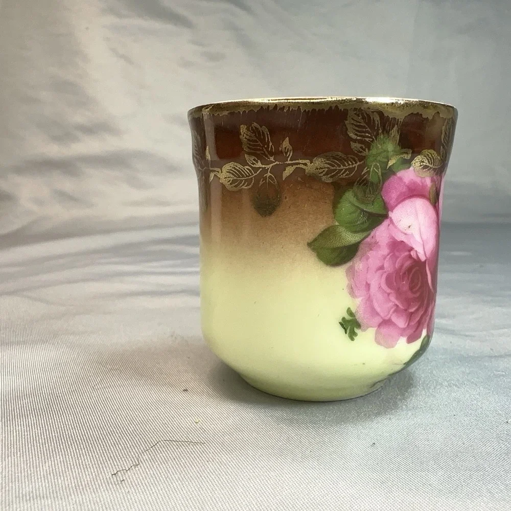 Antique Victorian Demitasse Cup Pink Rose Gold‎ Gilt Shaded Yellow Porcelain